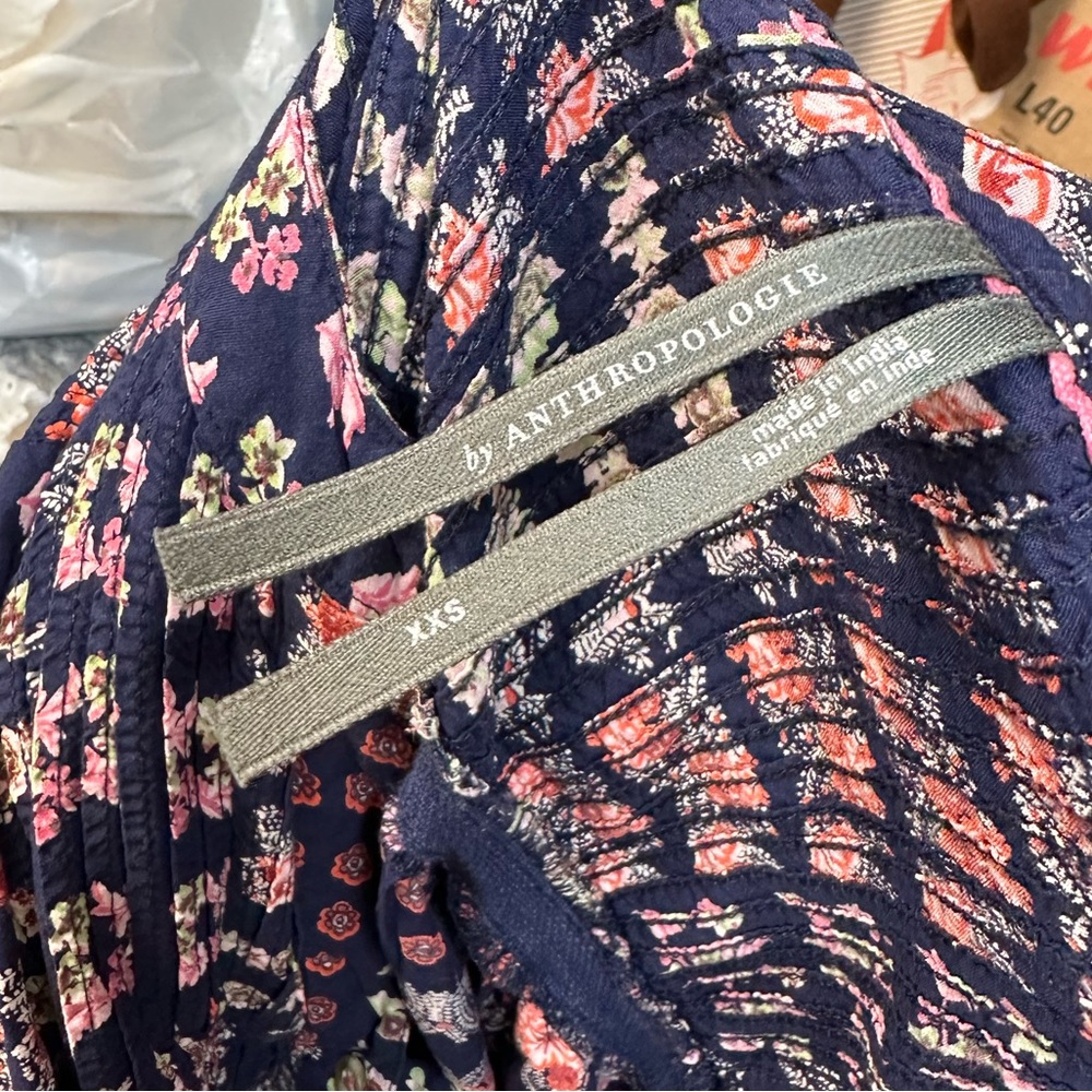 Anthropologie Blue Floral Patchwork Ruffled Hem Split Neck Midi Dress Size XXS - Picture 10 of 12